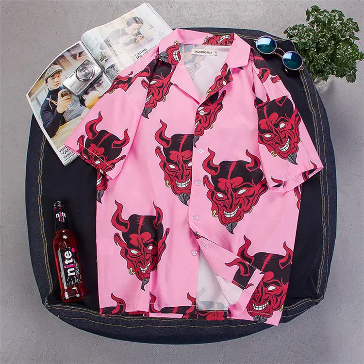 Новая модная женская рубашка в японском стиле Харадзюку, с принтом дьявола, короткий рукав, свободный летний топ, блуза, уличная одежда, повседневные рубашки унисекс - Цвет: Pink Short Sleeve