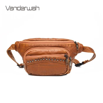 

Vintage Women Soft Washed Leather Waist Bag Casual Rivet Shoulder Crossbody Fanny Pack for Women Brand Designer Bolsa Feminina