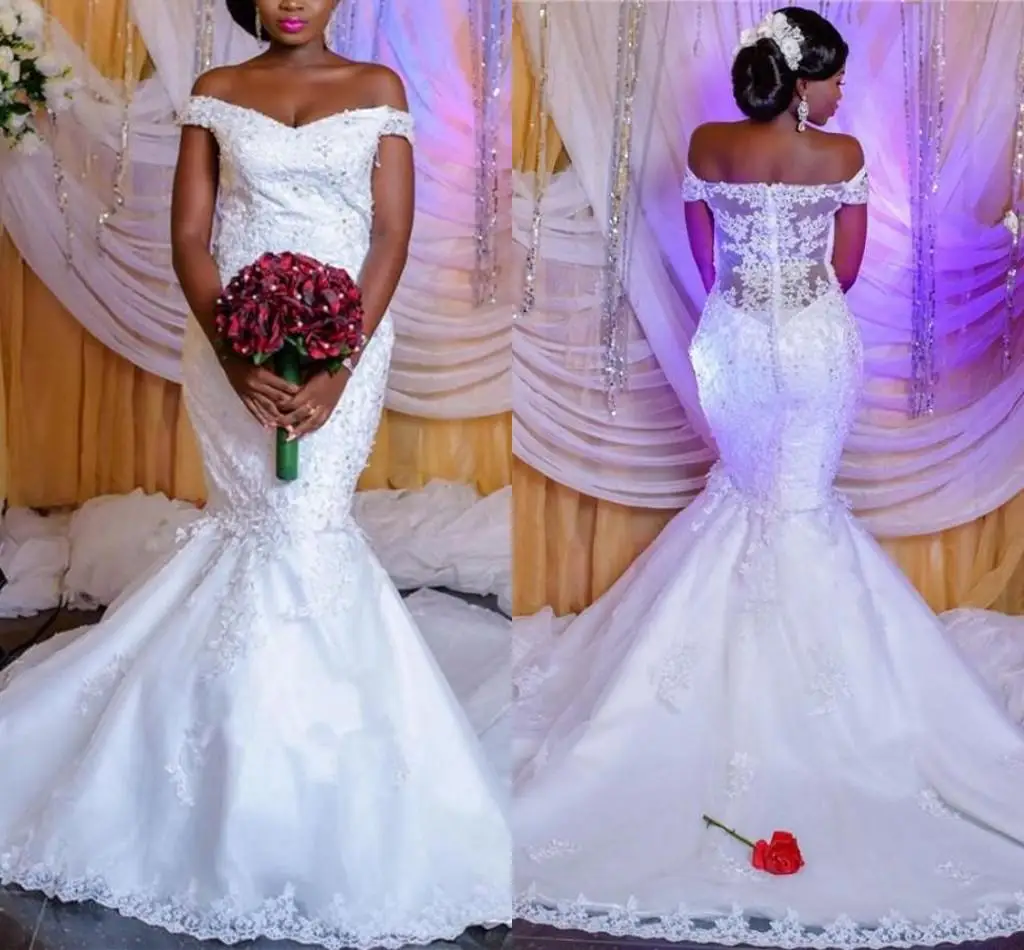 

Off Shoulder Wedding Dresses Lace Appliques Bridal Gowns Sweep Train Mermaid Plus Size African Beaded Robes De Soiree