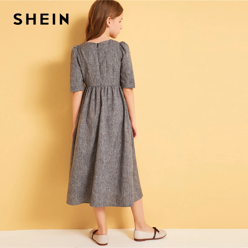 SHEIN Kiddie/серое платье трапециевидной формы с квадратным вырезом и пуговицами спереди для девочек; осень г.; Детские повседневные платья с короткими рукавами и двумя карманами