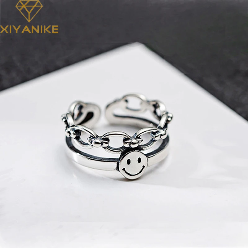 

XIYANIKE 925 Sterling Silver New Fashion Punk-Style Party Jewelry Women Lovers Creative Geometric Smile-Face Opening Rings