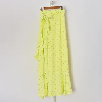 

French style Floral Women Midi Skirt Waist Slim Lace-up Lady Irregular Ruffles Female Long Skirts 2020 New