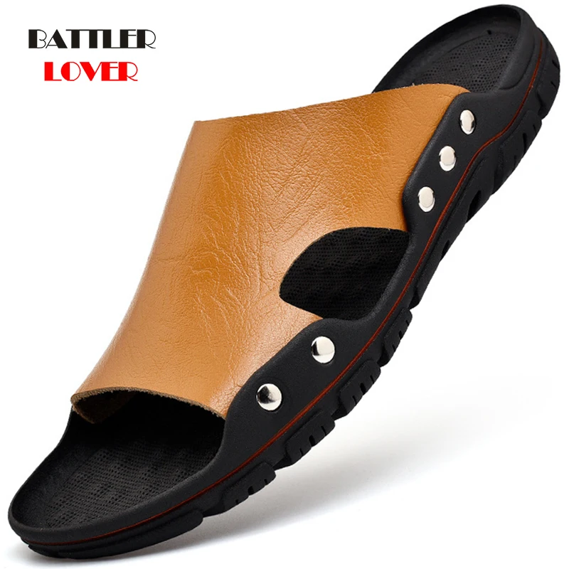 2020 New Men Slippers Summer Flats Man Genuine Leather Sandals Breathable Beach Slipper Cow Leather Flip Flops Mens Slippers