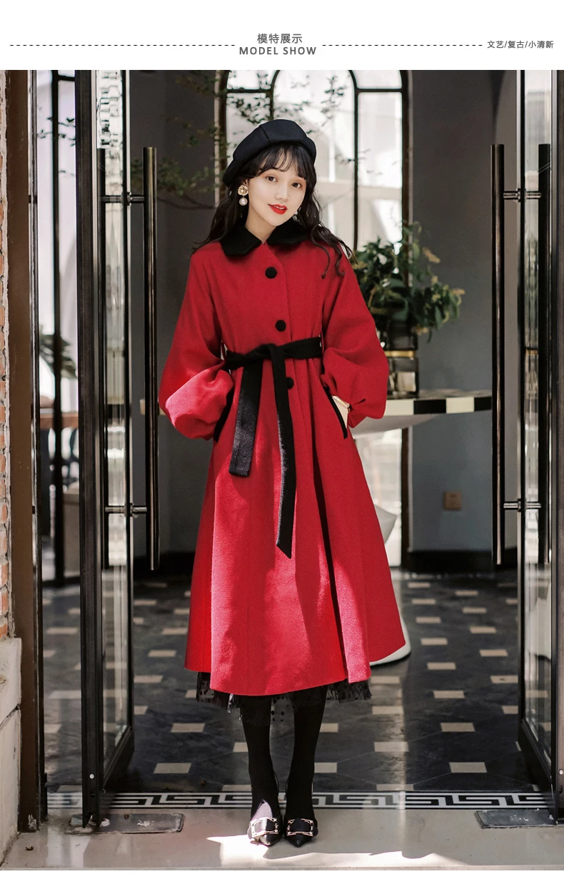 Новая праздничная одежда, весенне-осеннее шерстяное пальто для женщин, французский стиль, Ретро стиль, тонкий длинный шерстяной Тренч с галстуком XA396