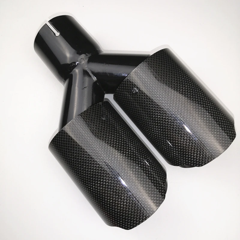 

1 Piece Dual Exhaust Tip Auto Glossy Carbon Fiber + Glossy Stainless Steel Y Style Exhaust Pipes