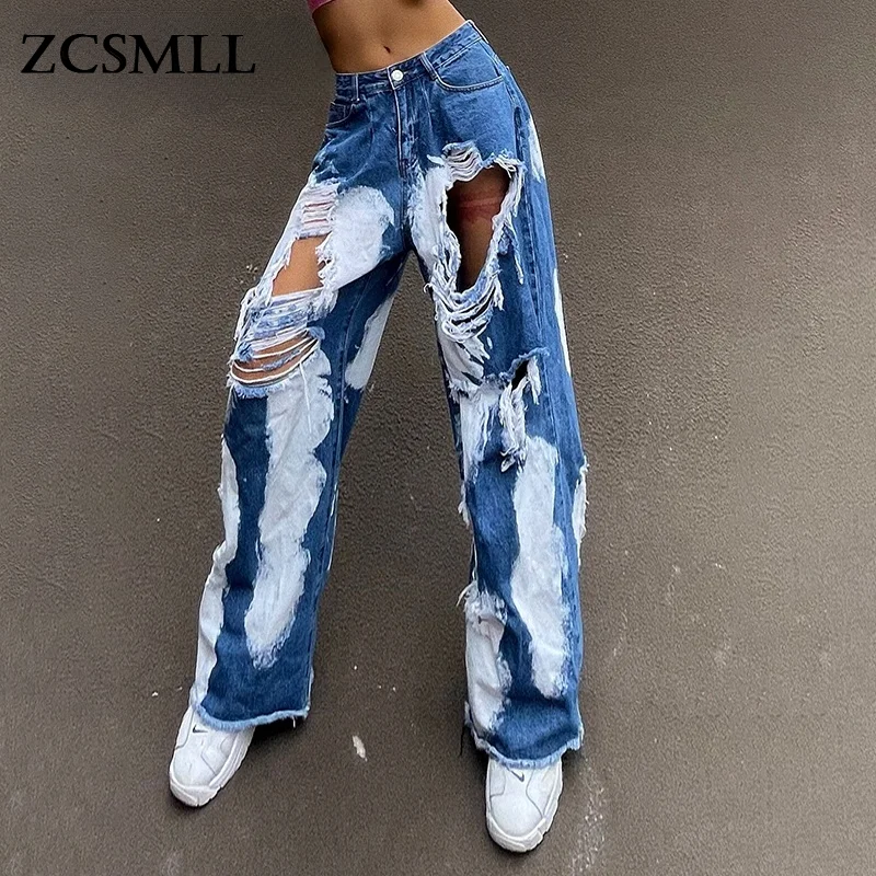 

ZCSMLL Irregular Cut Out Casual Loose Colorblock Jeans Female High Waist Asymmetrical Fashion Pant For Women Autumn Style