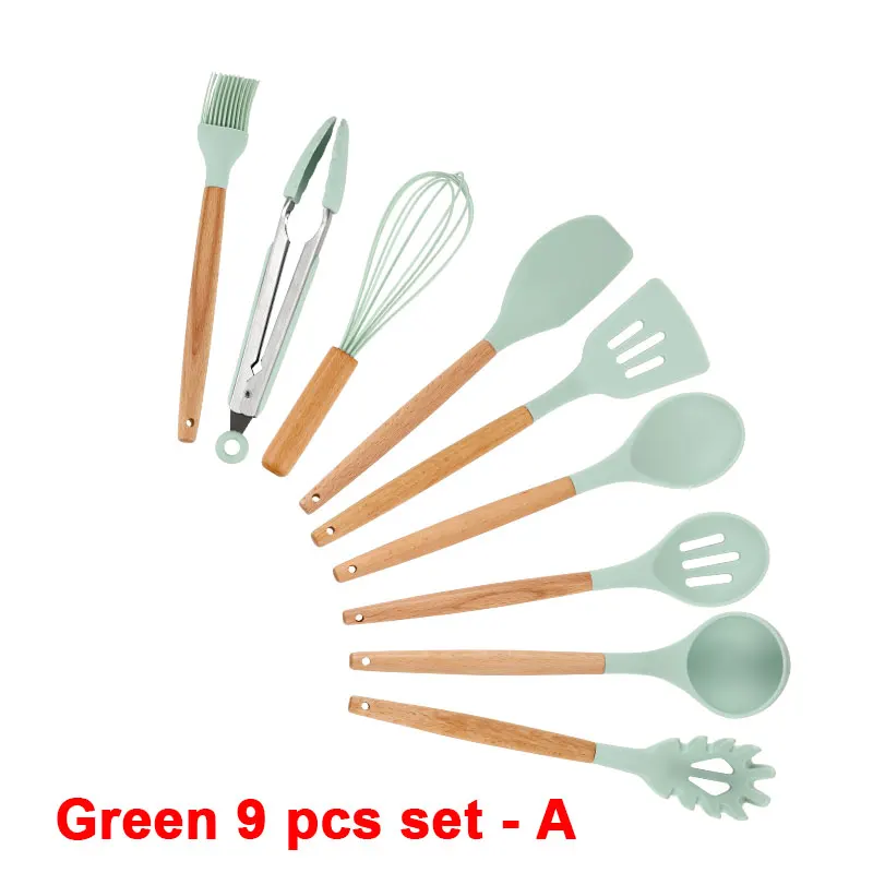 Green 9 pcs set - A Набор кухонных силиконовых кухонных принадлежностей с антипригарным шпателем лопата с деревянной ручкой набор кухонных инструментов с ящиком для хранения кухонные инструменты - Цвет: Green 9 pcs set - A