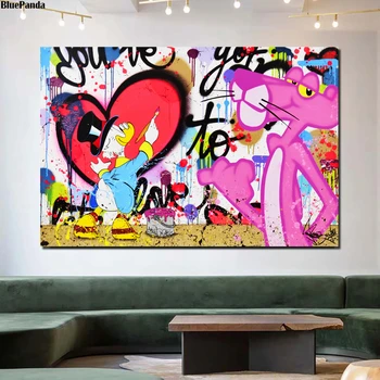 

Pink Panther Picsou Love Poster Painting On Canvas Cartoon Bedroom Wall Art Decoration Pictures Home Decor