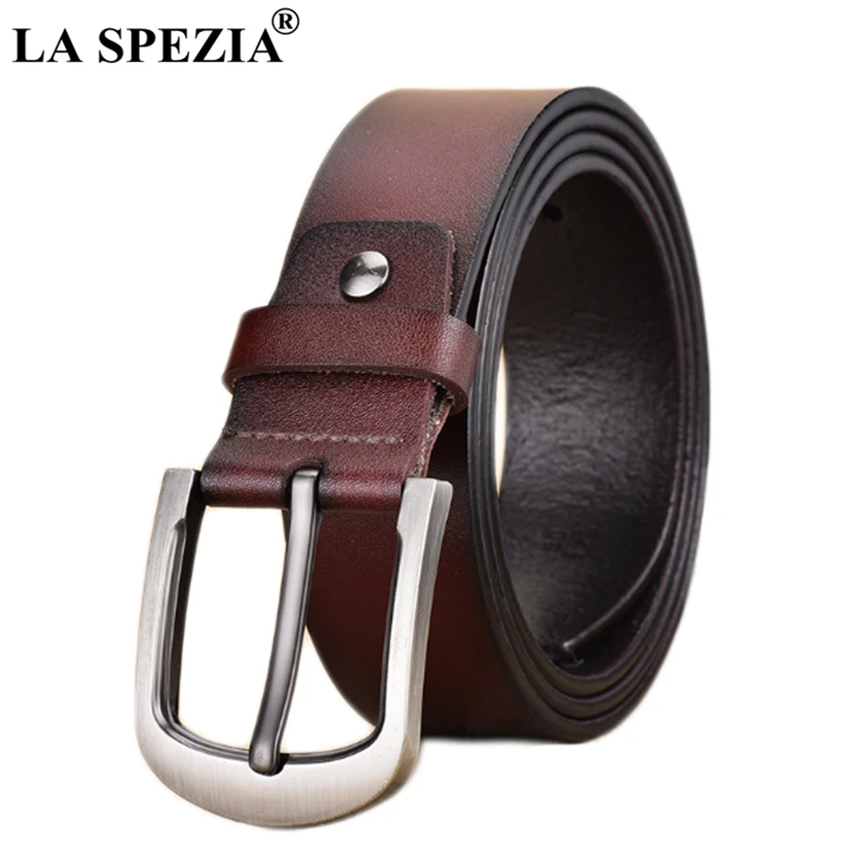 LA SPEZIA Men Leather Belt Coffee Pin Buckle Belt For Trousers Male Vintage Genuine Cow Leather High Quality Retro Belts For Men