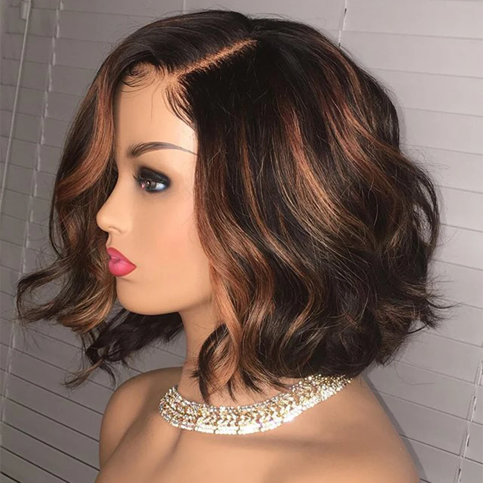 Perucas da Parte Dianteira do Laço Frente do Laço Perucas de Cabelo Ondulado Destaque Remy Cabelo Humano 360 180 Densidade Bob Pré Arrancadas Loiro Marrom 1 Apliques com cabelo humano