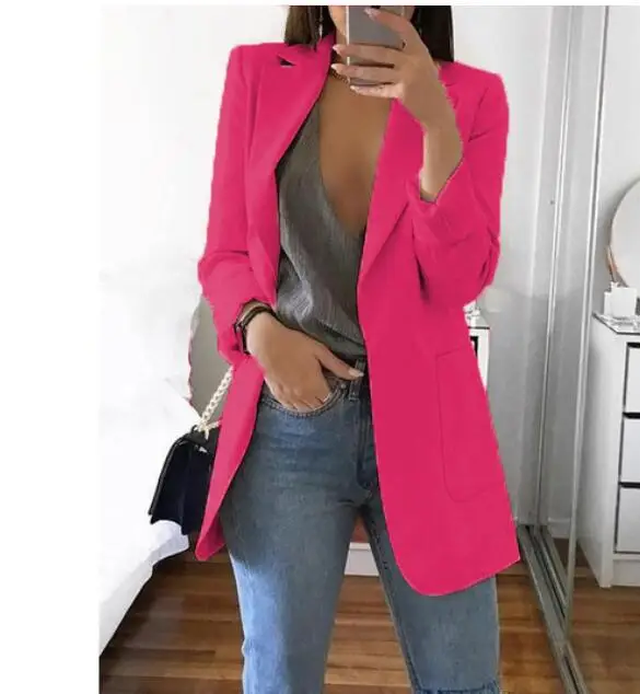 rose Red Костюм куртка Женская Осенняя Женская куртка модный лацкан Тонкий длинный кардиган женский костюм куртка женская - Цвет: rose Red