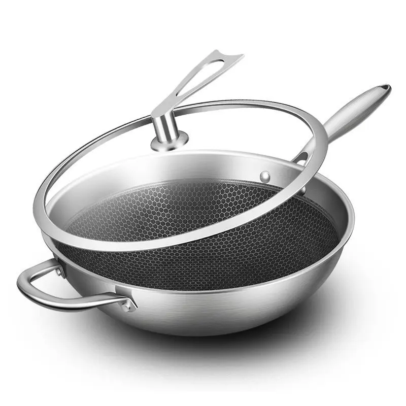 Stainless Steel Wok Nonstick Pan No Oil Smoke Uncoated Flat Bottom