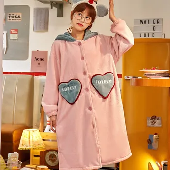 

Women Long Sleeve Sleepwear Flannel Winter New Kimono Robe Gown Lady Coral Velvet Hooded Pajamas Thick Nightdress Warm Nightgown