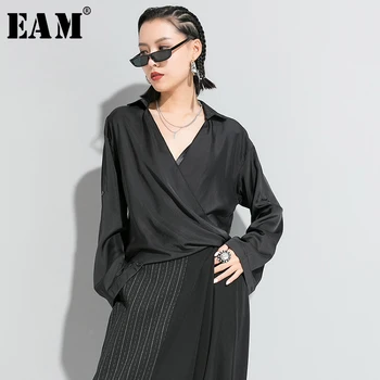 

[EAM] Women White Fold Asymmetrical Split Brief Loose T-shirt New V-Neck Long Sleeve Fashion Tide Spring Autumn 2020 1R632