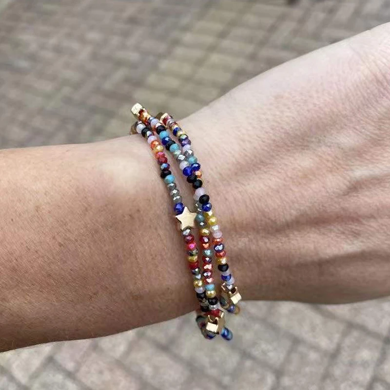 

3pcs Colorful Beads Gold-color Star Bracelet Handmade Bohemian Exquisite Arm Accessories Man Women Fashion Stretch Bangle Set
