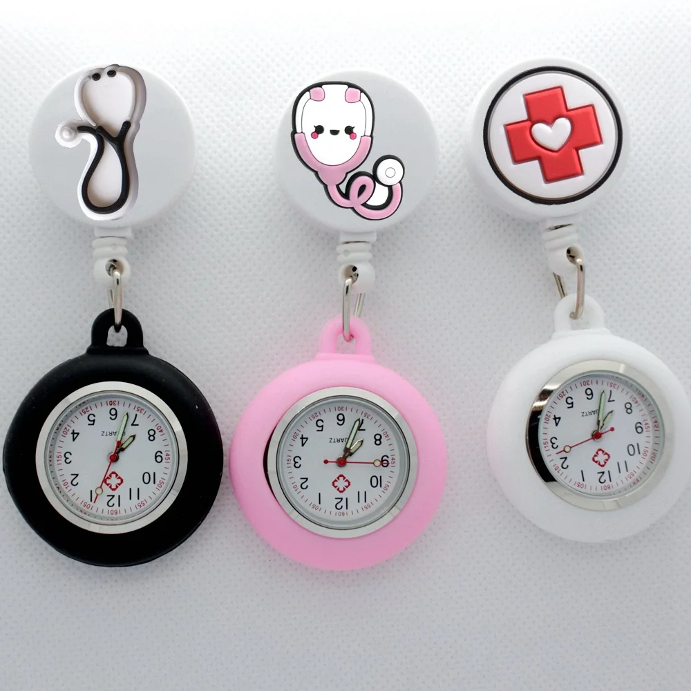 Retractable Hospital Medical Icon Love Heart Badge Reel Cartoon Nurse Doctor Pocket Watch Hang Clips Quartz Watches Clock