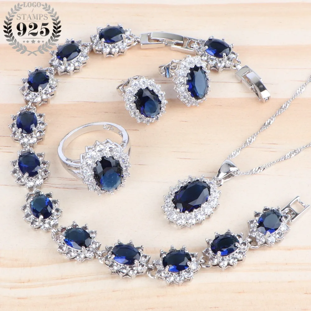 Свадебное ювелирное ожерелье, наборы, свадебные ювелирные изделия из циркония, серебро 925, кольца для женщин, костюм, браслеты/серьги/кулон, набор, голубой камень