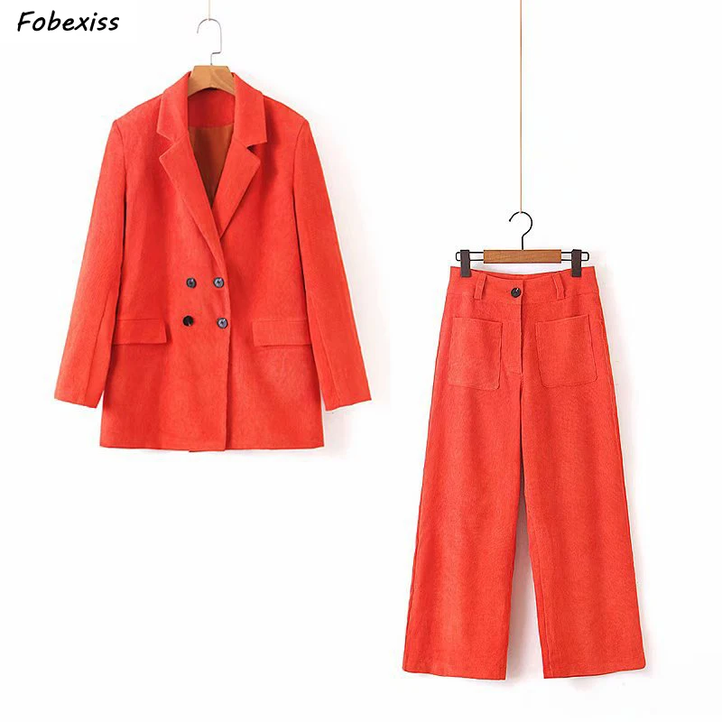 

Pant Suits for Women 2019 Winter Elegant Double Breasted Long Sleeve Pocket Women Corduroy Blazer Sets Plus Size Business Suits