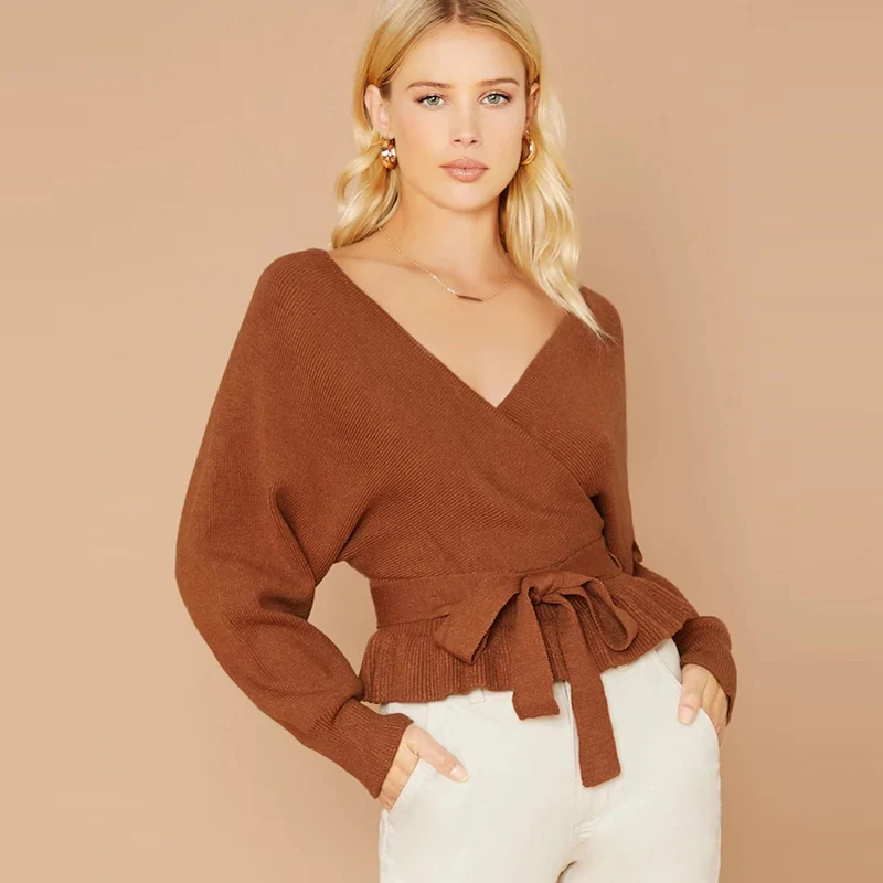 

Sexy Women Bandage Sweater Long Sleeve V Neck Solid brown pullover Slim Ladies Backless Winter Tops sweter damski