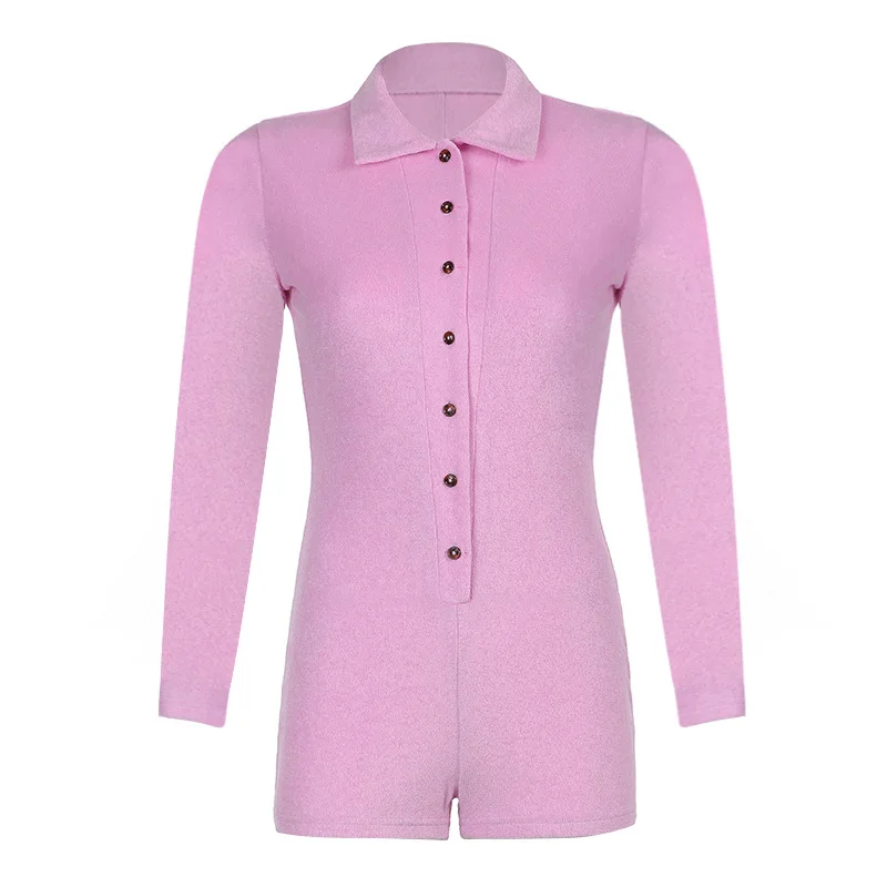 Vamos Todos 2021 Summer Turnover Collar Casual Playsuits Single Breasted Cute Rompers One Piece Women Jumpsuits Sexy Bodysuits