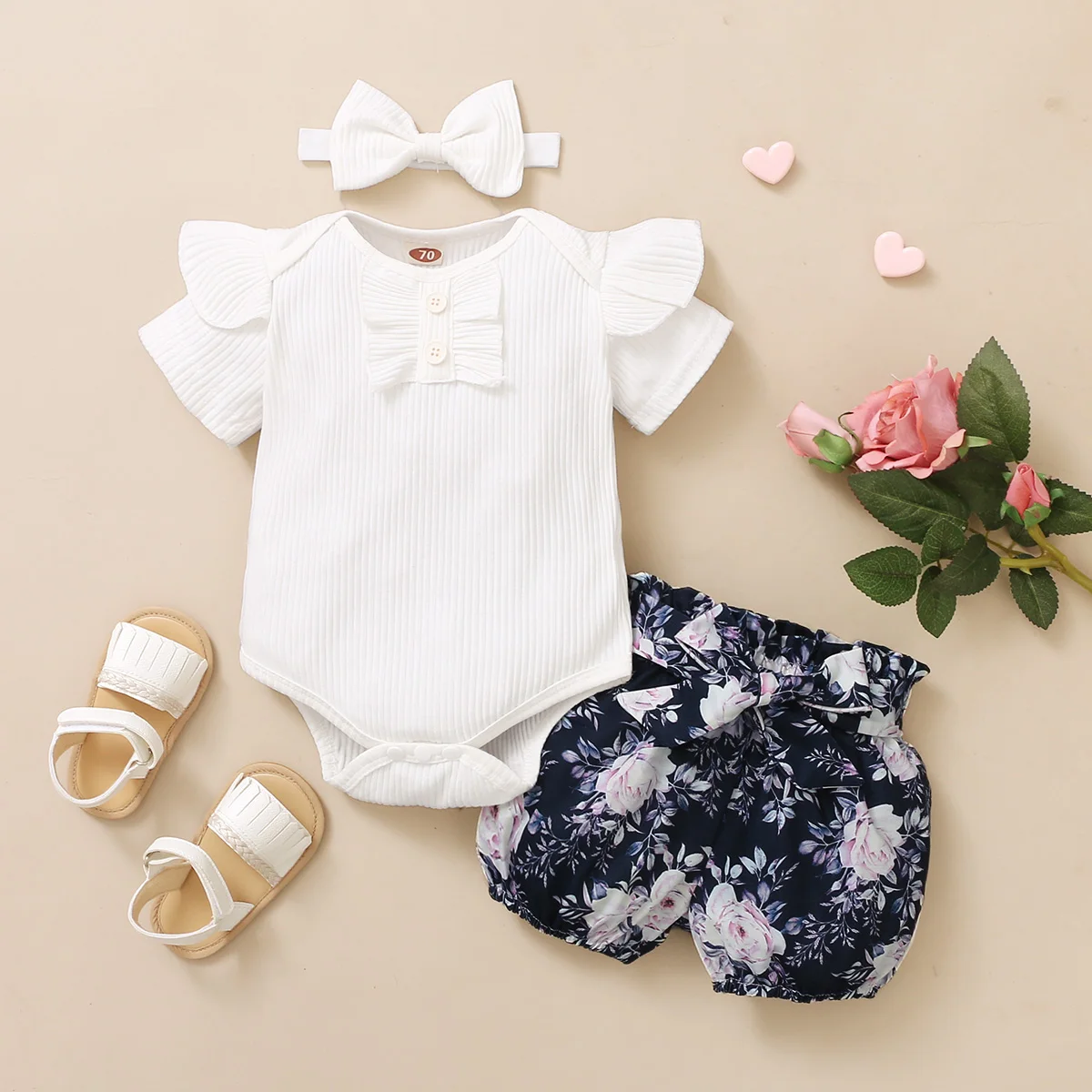 3 pçs bebê recém-nascido verão meninas roupas conjunto da criança botão macacão recém nascido infantil bonito outfit plissado manga curta shorts bandana