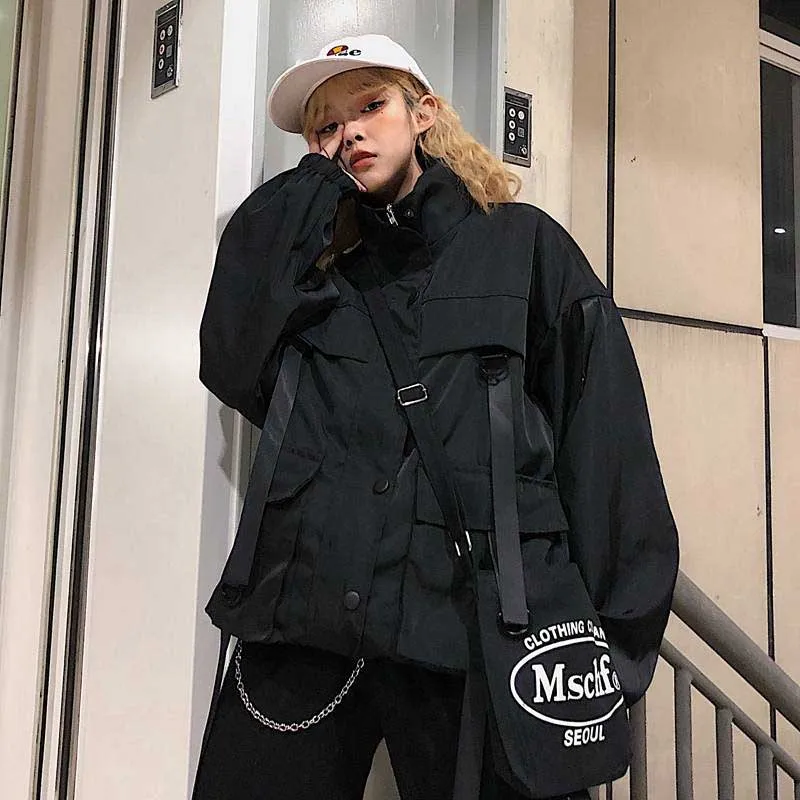 NiceMix Корейская уличная Harajuku черная джинсовая куртка негабаритных карманов женские джинсовые куртки свободные BF винтажные повседневные пальто черный