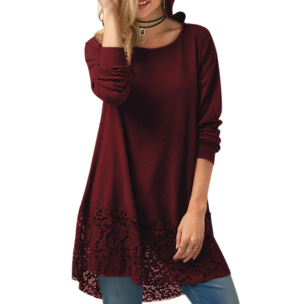 

Women Solid Color Spring Autumn Long Sleeve Irregular Lace Patchwork Hem Loose Blouse Hoodie Tops TS95
