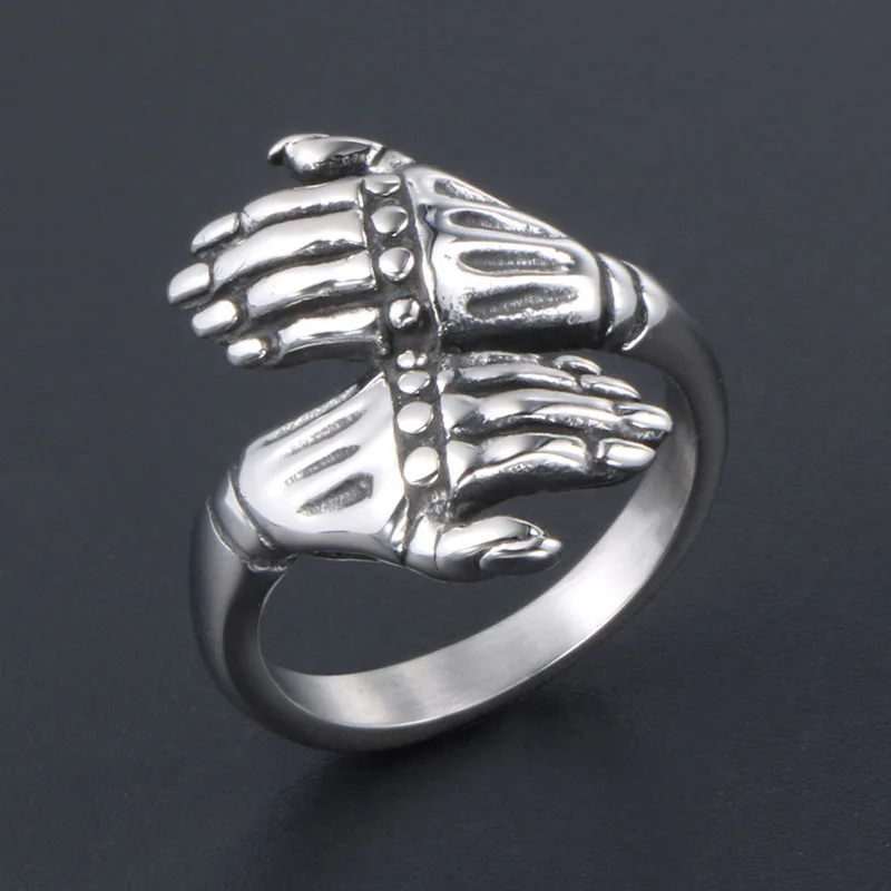 

Gothic Embracing Skeleton Hand Bone Ring Silver Color Titanium Steel Ring Punk Rock Hip Hop Party Fashion Ring Men's Jewelry