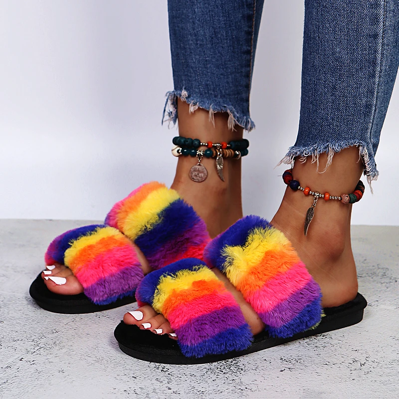 Zapatillas de estar por casa para mujer, pantuflas piel sintética a rayas de Color neón, cálidas y mullidas, para interiores|Zapatillas| - AliExpress