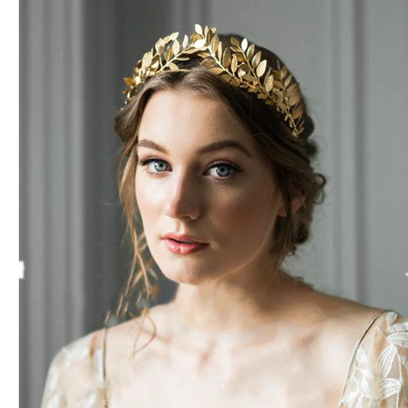 European Greek Goddess Headband Metallic Gold Leaves Branch Crown Hair