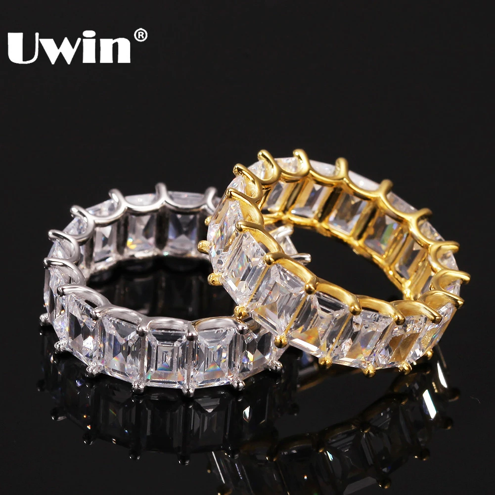 

UWIN Hiphop Iced Out Baguette Ring Gold/White Gold Color 7mm Square CZ 1 Row Fashion Men Women Party Rings Jewelry