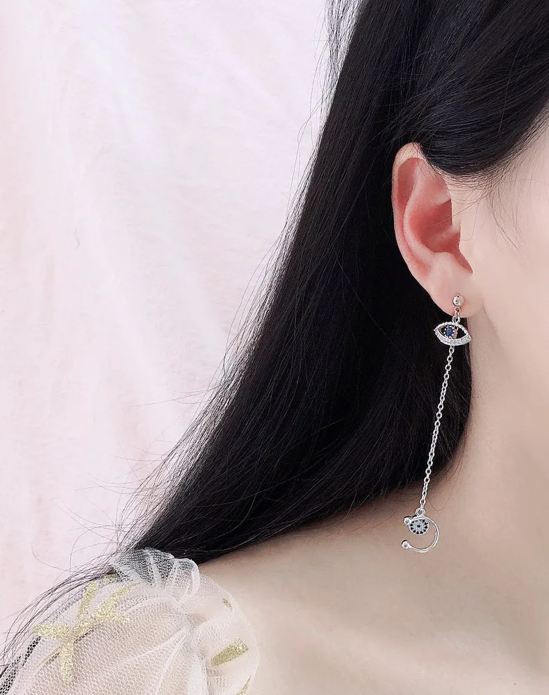 New Trend Cubic Zirconia Blue Eye And Star Asymmetric Earrings Luxury Brand Design Long Earrings For Women Fashion Jewelry