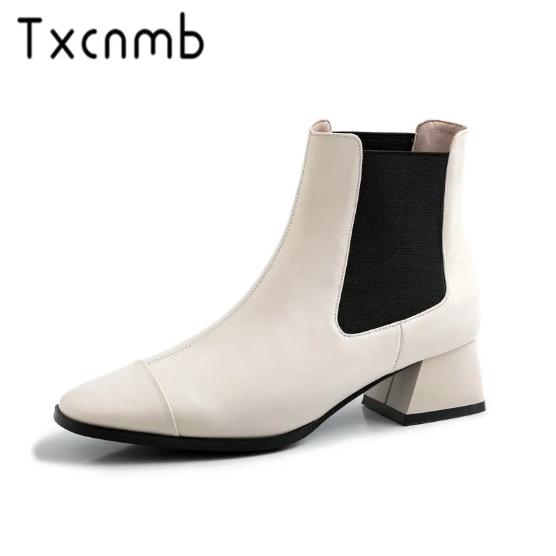 

TXCNMB Cow Genuine Leather Women Ankle Boots Black White Zipper Boots Low Heel Casual Ladies Shoes for Autumn