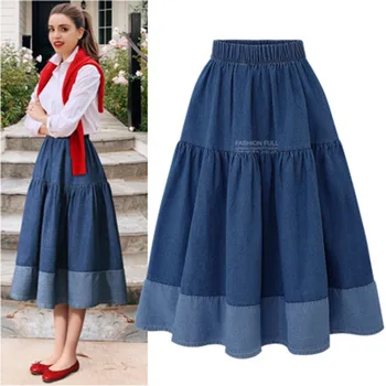 

Midi Knee Long Spring and Summer Skirt 2020 Fashion Korean Ladies High Waist Casual Skirt Stitching Denim Cake Skirt