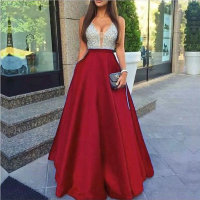 winered BacklakeGirls, расшитое бисером и блестками, Vestido Largo Noche, сексуальное атласное вечернее платье без рукавов с v-образным вырезом, глубокий v-образный вырез, длина до пола - Цвет: winered