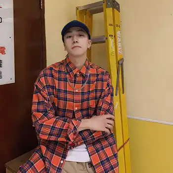 

2019 Autumn Korean Men Casual Loose Lattice Wash Cotton Camisa Masculina Lapel Long Sleeve Plaid Shirt Chemise Youth Homme M-XL