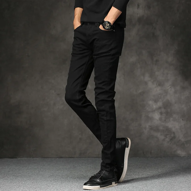 Модные мужские джинсы в Корейском стиле стрейч черного цвета повседневные узкие брюки Эластичные Обтягивающие Брюки уличная Узкий Тонкий джинсы мужские