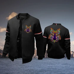 Psychedeli raposa masculina impresso jaqueta cor sólida outono casaco de inverno personalidade uniforme de beisebol ao ar livre casual zíper streetwear