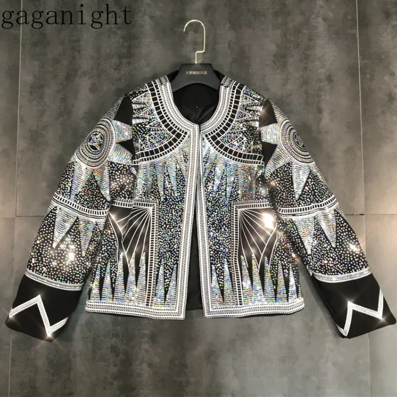 Gaganight Diamond Sequin Women Autumn Jacket Long Sleeves O Neck Pattern Streetwear Short Coat Ladies Fashion Chic Loose