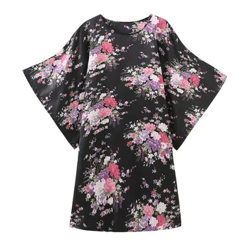 

Print Flower Black Satin Female Home Wear Nightgown Casual Large Size Sleepwear Kimono Gown Women Home Clothing Negligee