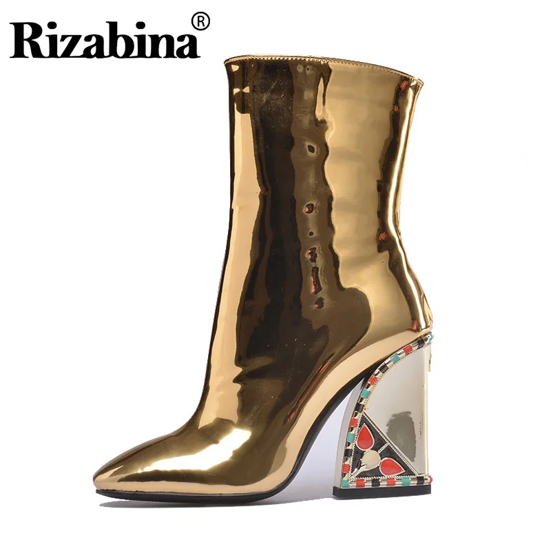 RIZABINA Women Mid Calf Patent Leather Boots Pointed Toe Flower Hoof Heel Footwear Side Zipper Winter Glitter Boots Size 33-43