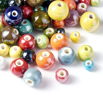 

100 pc Mixed Pearlized Handmade Porcelain Round Ball Beads, 8~16mm, Hole: 2mm
