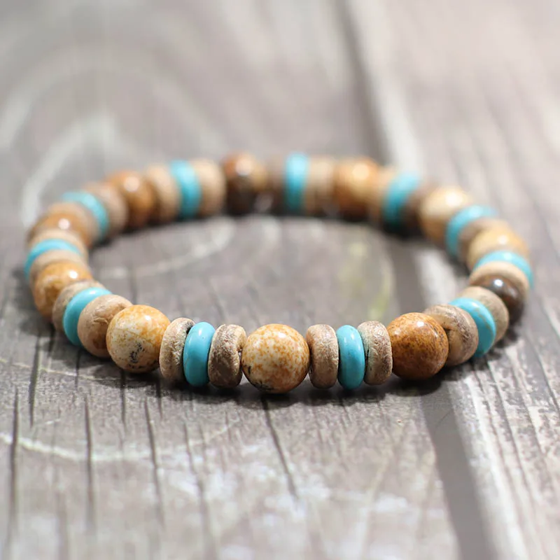 Mens Natural Wood Beaded Lava Obsidian Stone Bracelet