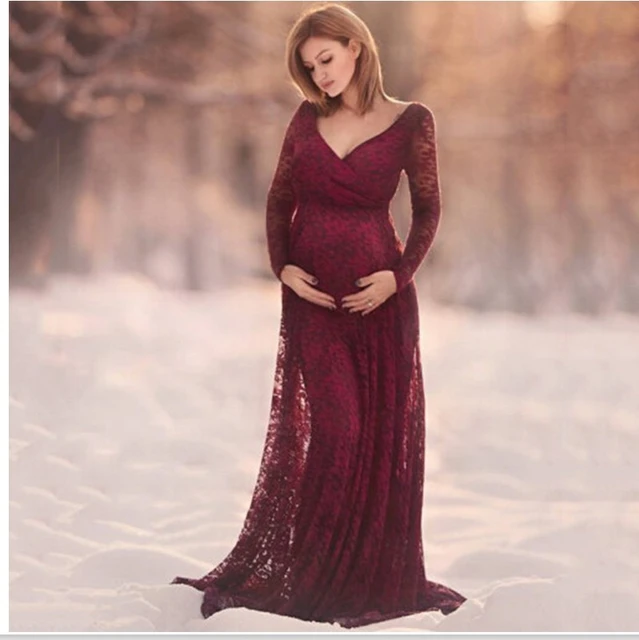 Subjetivo camarera Barra oblicua Vestido de maternidad de manga larga con cuello en V para fotografía, ropa  de embarazo Maxi, vestido de encaje para sesión de fotos, color vino tinto  _ - AliExpress Mobile