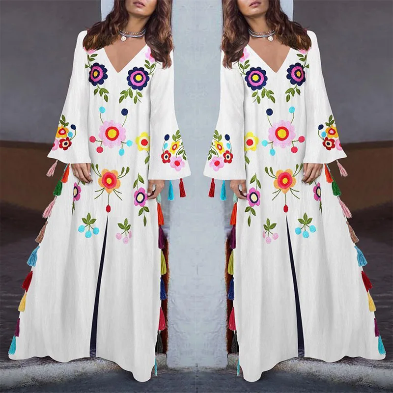 

Women's dress with colorful fringe slit a Bohemian long-sleeved printed fringe dress