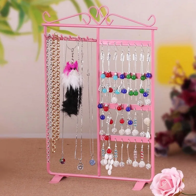 Top Selling Metal Four Colors 32 Holes 6 Hooks Necklace Hang Stand Holder 4 Tiers Jewelry Show Rack Organizer New