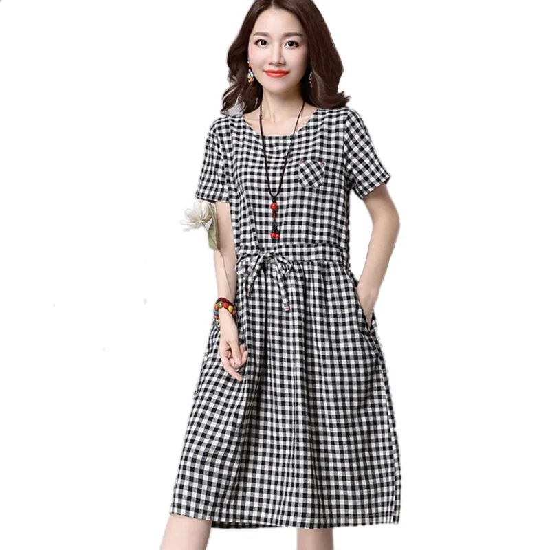 

Black And White Lattices Dress 2019 Korean-style Large Size Mori Girl Waist Hugging Slimming Medium-length Cotton Linen Short-sl