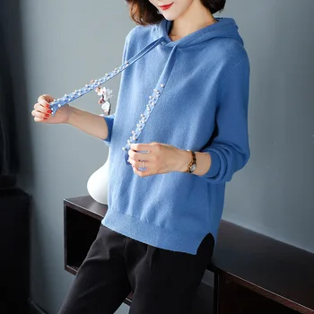 

women faux diamonds beading hooded knitted sweater long sleeve stretchy solid pullovers female casual chic tops 0826-108