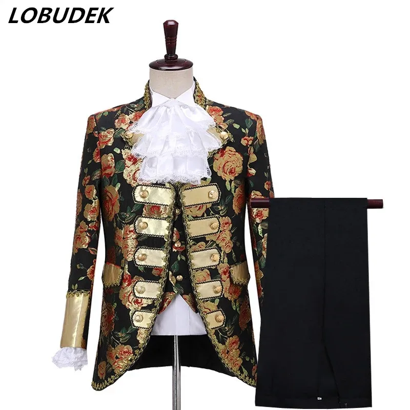 

European Style Men's Court Dress Male Singer Chorus Drama Performance Court Suit Stage Evening Jacket+Pants+Vest Jacquard Suits