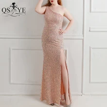 

Beading One Shoulder Pink Evening Dresses Plus Size High Split Sequin Party Dress Shoulder Strap Formal Gown Side Zipper Evening